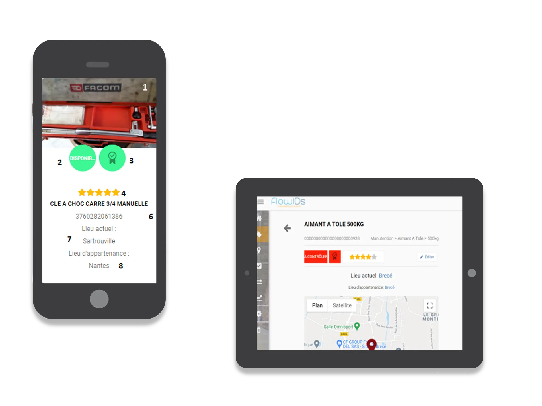 Interfaces mobiles et tablette de FlowIDs Tools Management pour le suivi et la localisation des outils.