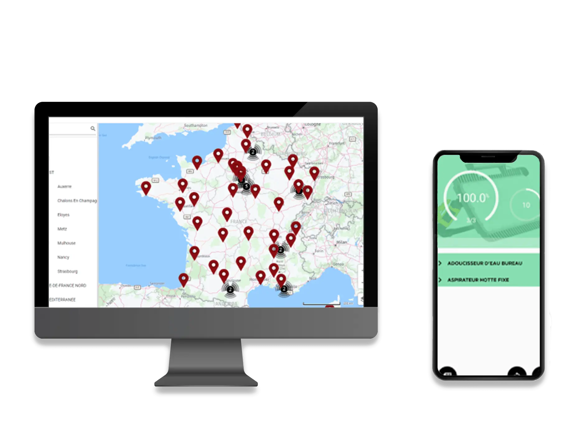 Écran d’ordinateur affichant une cartographie d’assets et smartphone présentant l’interface de FlowIDs Asset Management.