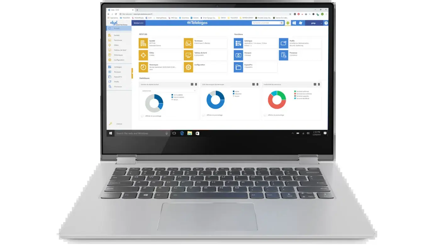 Interface logicielle de gestion centralisée des terminaux mobiles affichée sur ordinateur portable.
